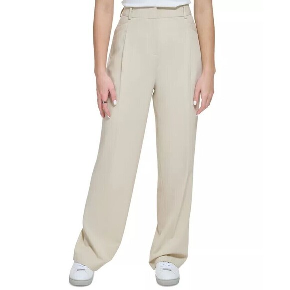 Calvin Klein Womens High Waist Wide Leg comfortable pants Oatmeal 8 - Picture 1 of 2